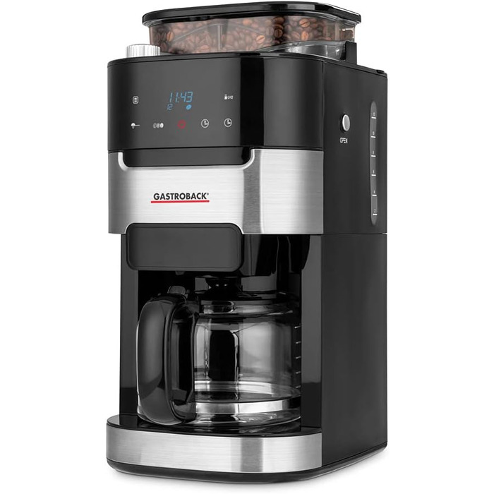 Кавоварка Gastroback 42711 Grind & Brew Pro, кавоварка з фільтром з вбудованою кавомолкою, конусна кавомолка з 8 швидкостями помелу, м'який на дотик LCD дисплей, пластик