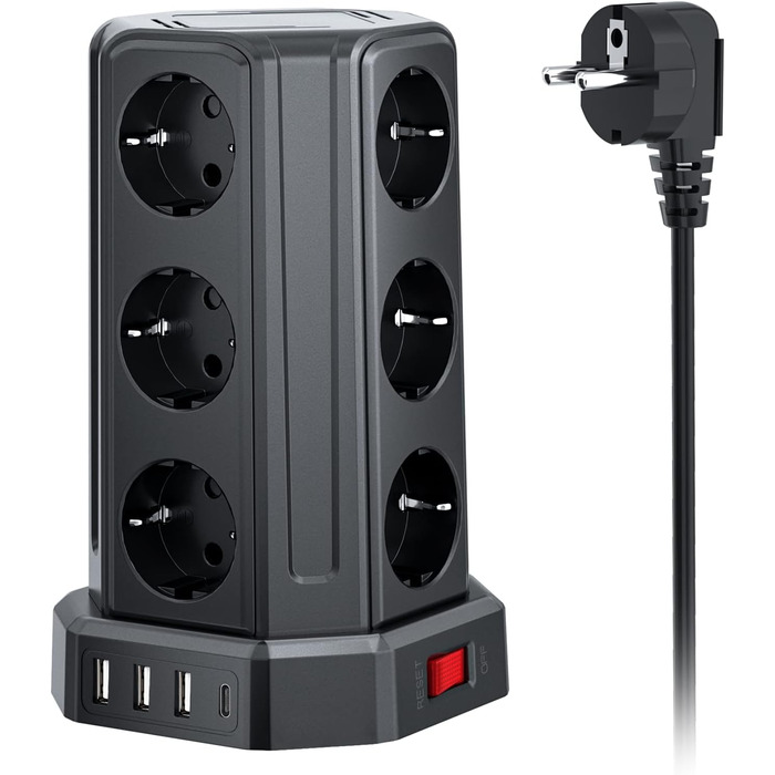 Шляхова розетка на 4000 Вт 16 А з подовжувачем 5 м, 3 розетки USB A і 1 розетка USB C із захистом від перенапруги, розетка для дом