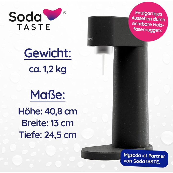 Економ-пакет Mysoda Woody - поновлюваний деревний композитний виробник газованої води з пластиковою пляшкою 1 л без BPA, класичний балон CO2 м'ятний балон CO2 (чорний)