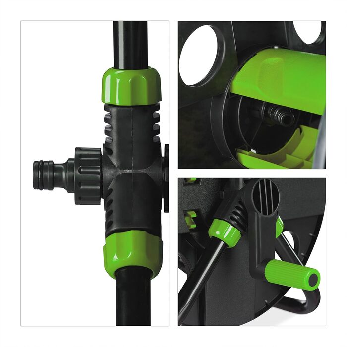 Котушка для шланга Relaxdays, для 30 м шланга 1/2, сталь, пластик, тримач шланга, 38 x 42 x 31 см, чорний/зелений