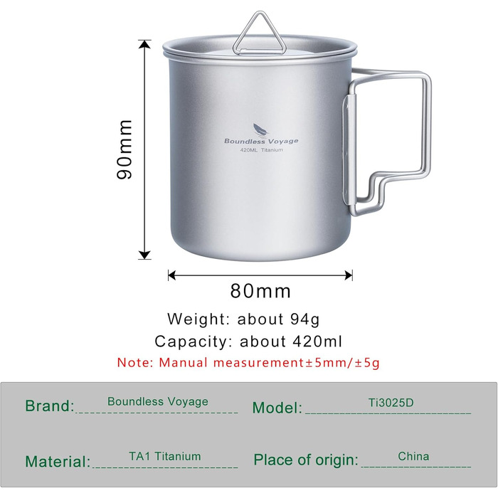 Титанова кемпінгова каструля Boundless Voyage 420 мл з кришкою, складною ручкою, надлегкою титановою чашкою, кавовою чашкою Ti1544B Ti1544b-r