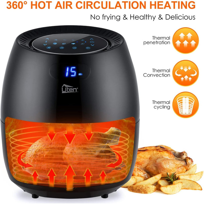 Фритюрниця з гарячим повітрям, фритюрниця Uten 6.5 л XXL з цифровим світлодіодним сенсорним екраном, 8 програм, попередній нагрів і підтримання тепла, кошик для смаження з антипригарним покриттям, без жиру, 1800 Вт 6.5 л із сенсорним екраном Чорний-1