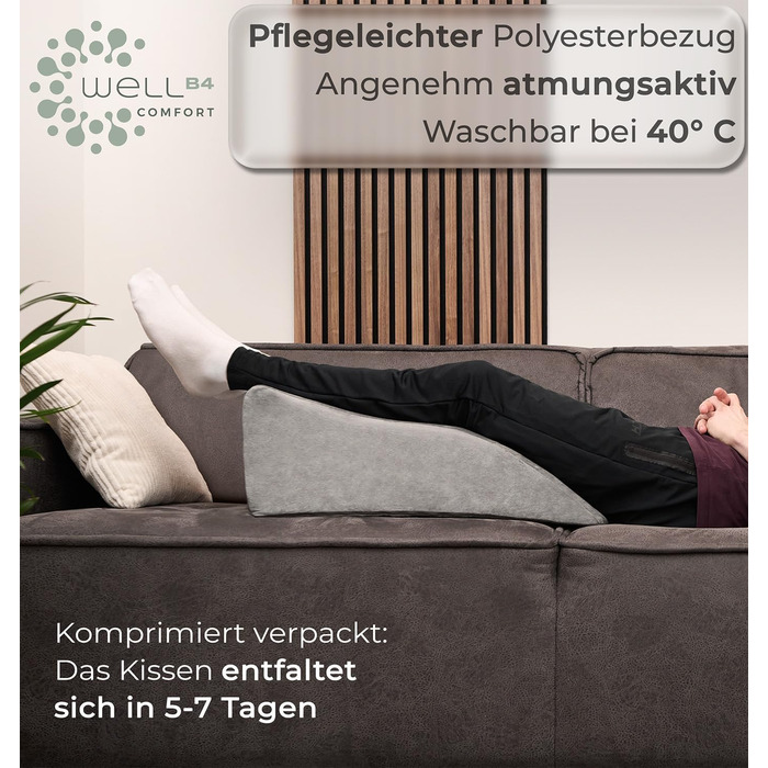 Ергономічна подушка для підняття ніг - опора для ніг - подушка для підняття ніг - клиноподібна подушка, опорна подушка для ніг та колін, ідеально підходить як лімфодренажна подушка та венозний клин для обох ніг, сіра, висока