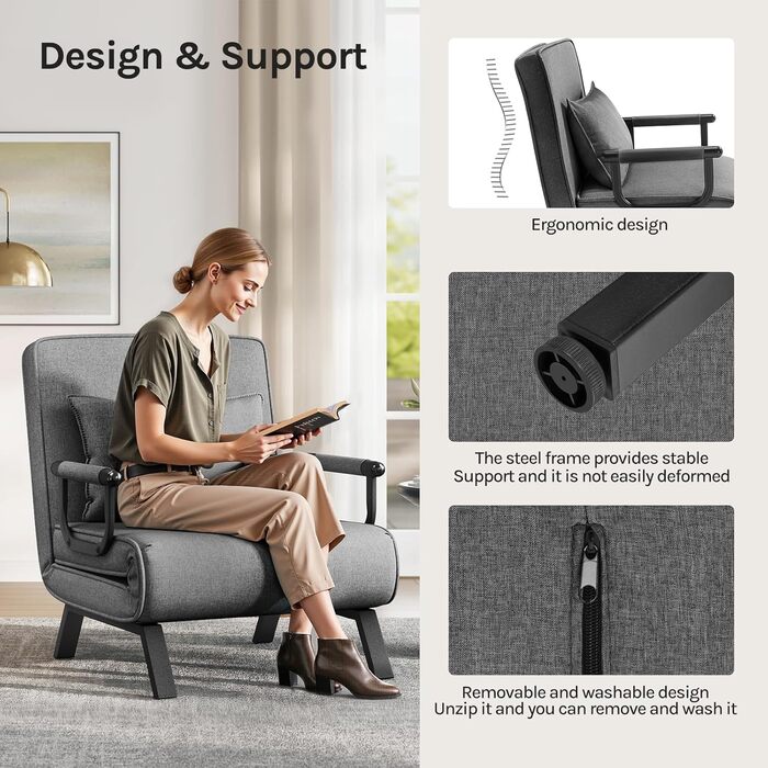 Крісло-ліжко WOLTU 3-в-1 з функцією ліжка, гостьове ліжко, диван-ліжко з функцією ліжка, регульована спинка, вітальня, спальня, балкон, металевий каркас, лляне покриття, 80 x 82 x 74 см, темно-сірий 190x69 см