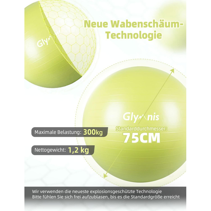 М'яч для гімнастики Glymnis М'яч для сидіння 55 см 65 см 75 см Товстий м'яч для пілатесу, включаючи повітряний насос Максимальна вантажопідйомність 300 кг для домашнього тренажерного залу Офіс 68 75 см Лаймово-зелений
