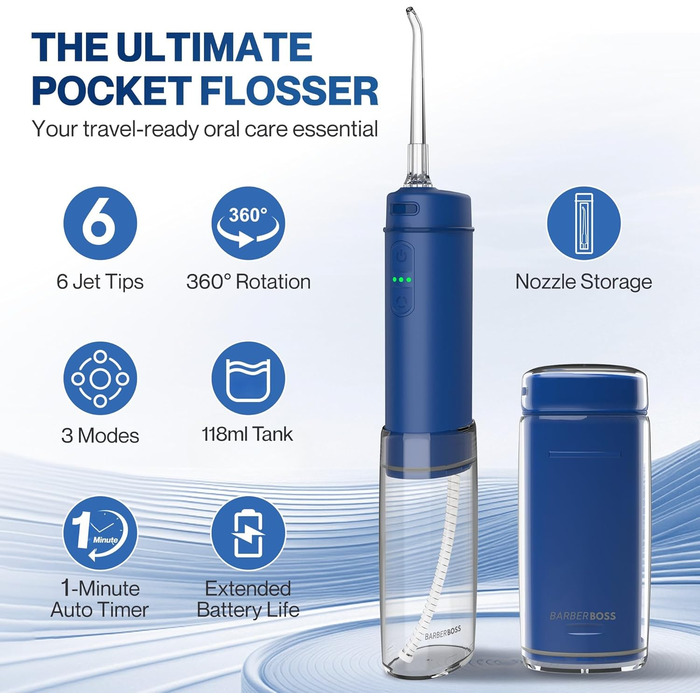 Портативний іригатор для зубів, 6 насадок у комплекті, USB-C зарядка, 3 режими тиску, ідеальний для подорожей (Колір Морський)