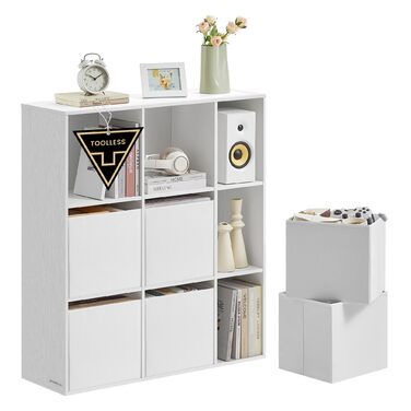 Книжкова полиця SONGMICS HOME, надшвидке складання без інструментів, технологія без інструментів, полиця з 9 відділеннями, окремостояча полиця, 6 шухляд з тканини, система полиць, 27 x 83 x 91,8 см, білосніжний колір LBC199W01, 9 рівнів (91,8 висоти см)