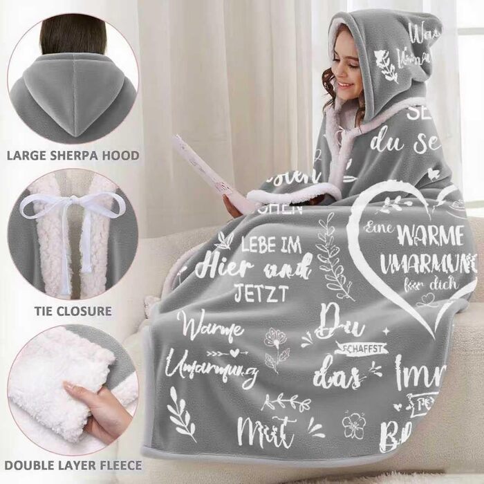 Подарунки для найкращих друзів, плед-обіймач з рукавами, подарунок на день народження найкращій подругі, подарунок для жінок, мами, дівчини, сестри, дружини, бабусі на Різдво, день народження, сірий