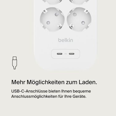 Розетковий подовжувач Belkin із захистом від перенапруги, настінний, 8 розеток, мережевий кабель 2 м, зелений індикатор, 2 порти U