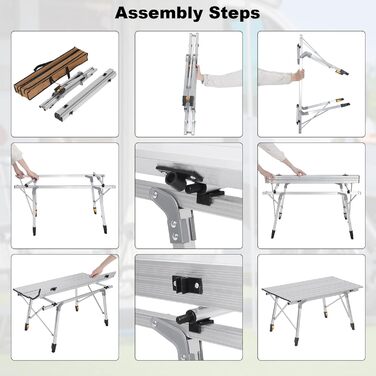 Стіл для кемпінгу WOLTU, розкладний стіл з алюмінію, садовий стіл, балконний стіл, дорожній стіл, складаний, з сумкою для перенесення, регульована висота, 90x52,2x(45-69) см, сріблястий