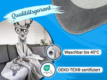 М&39яка ковдра ZOLLNER 150x200 см - Пухнаста та м&39яка двостороння ковдра у двох простих кольорах - Модне плетене обличчя з оленячою головою сірого кольору - Змішана тканина - Можна прати при температурі до 40C - Сертифікована сіра двостороння ковдра Oek
