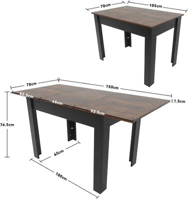 Розсувний обідній стіл ARTETHYS 105/150x70 см, кухонний обідній стіл в індустріальному стилі, прямокутна стільниця для 4-6 осіб, дерев&39яний стіл з металевими ніжками, стіл для їдальні, кухні, вітальні 105-150x70 см