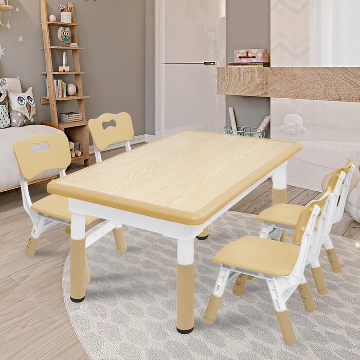 Дитячий стіл UISEBRT з 4 стільцями, Дитячий комплект сидіння з регульованою висотою для дітей від 2 років, Пластиковий комплект столів, Дитячі меблі для дитячого садка та дитячої кімнати (Колір дерева, 120 x 60 x 60 см) 120 x 60 x 60 см Колір дерева