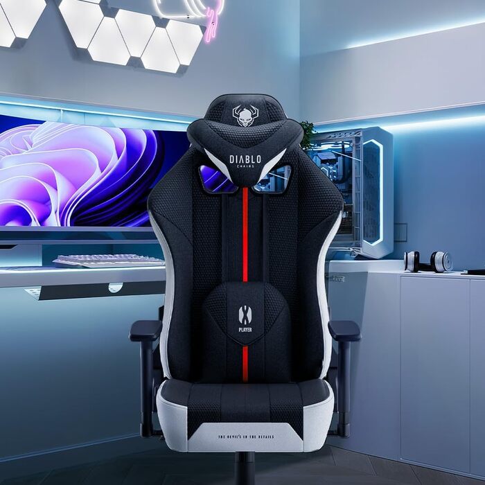 Ігрове крісло Diablo Fabric X-Player 2.0 - Широке сидіння - Ігрове крісло з 3D підлокітниками - Подушки для шиї/світлові подушки, функція гойдання - Офісне крісло 160 кг - Ергономічне ігрове крісло для ПК - King (XL) Біло-чорний King (XL)