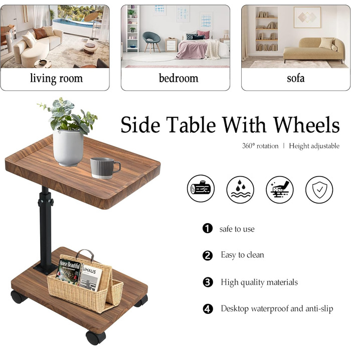 Журнальний столик з колесами Журнальний столик з регульованою висотою (45-80 см) Дерев&39яні жорстокі столики, С-подібної форми, обертаються на 360, з горіховим покриттям Невеликий журнальний столик для вітальні, дивана, кушетки (горіх)