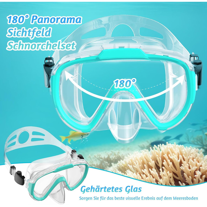 Дитячий комплект для підводного плавання, дитяча маска для дайвінгу з панорамною маскою для підводного плавання з широким оглядом 180 та захистом від запотівання, суха маска для підводного плавання з захистом для носа, зелена