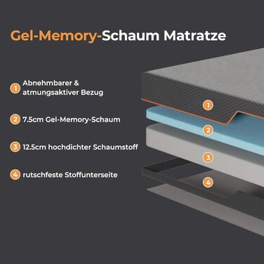 Матрац Vesgantti з піни, ергономічний матрац з гелевої піни з ефектом пам&39яті та дихаючим чохлом, рівні жорсткості H2 та H3, сертифікований Oeko-Tex (сірий-20 см, 90 x 200 см) сірий-20 см 90 x 200 см