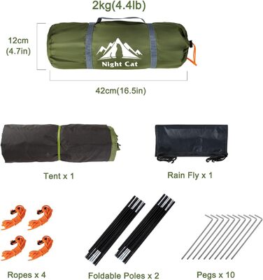 Двомісний кемпінговий намет Night Cat водонепроникний туристичний намет для двох осіб, легке встановлення, легкий, для походів на задньому дворі, армійсько-зелений