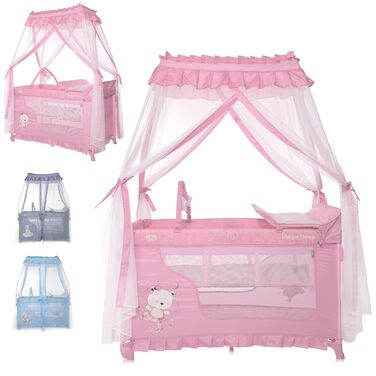 Дитяче ліжечко та манеж Lorelli 3-в-1, ліжко-балдахін Magic Sleep з 2 рівнями, ліжечко від народження, дитяче дорожнє ліжечко, пеленальний килимок, колеса, сумка, рожевий