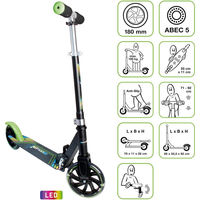 Самокат, 180 мм, ABEC 5, схвалений GS, регульований по висоті, світлодіодні колеса, зелено-чорний одинарний, 337 Aluminium Scooter