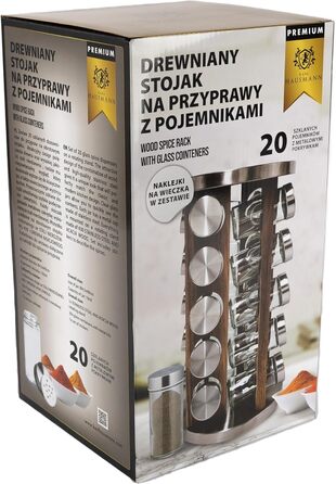 Обертова карусель для спецій з 20 баночками для спецій - Кругла карусельна підставка для спецій - Органайзер для спецій - Підставка для спецій з нержавіючої сталі та дерева - Обертова карусель для спецій - Дерев&39яна підставка для спецій 20 x 20 x 31 см