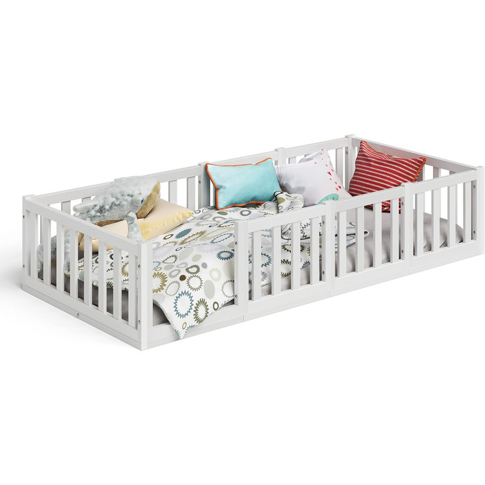 Ліжко Bellabino Tapi 90x200 см, дитяче ліжко із захистом від випадіння, включаючи рейкову раму, підлогове ліжко Монтессорі для хло