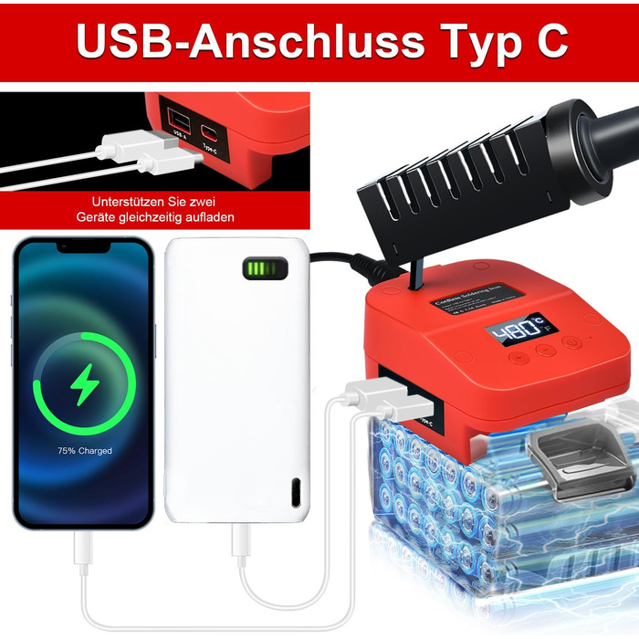 Акумуляторний паяльник для батареї Milwaukee M18 18V, швидке нагрівання, електрична цифрова LCD паяльна станція з USB і Type-C пор