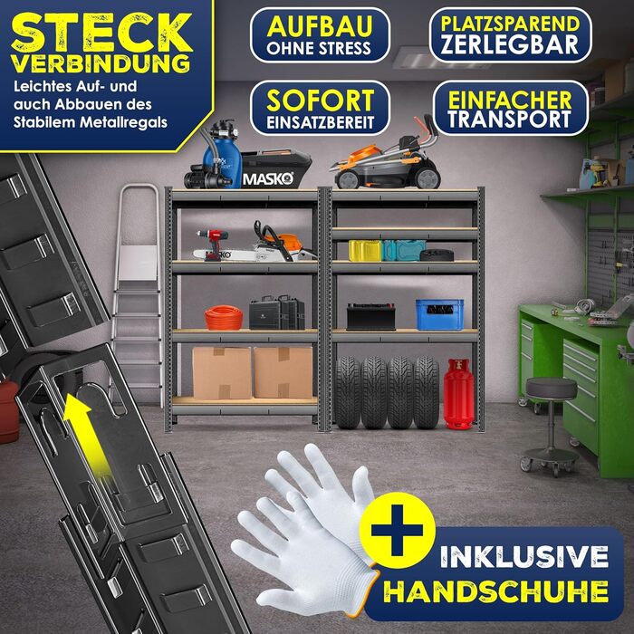 Міцний стелаж MASKO, стелаж для зберігання, підвальний стелаж, 160x160x60 см, вантажопідйомність 1200 кг, 4 регульовані полиці, панелі МДФ, металевий стелаж, стелаж без болтів, стелаж для майстерні, сталевий каркас, гаражний верстак, чорний, 4 полиці