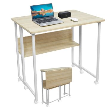 Розкладний стіл, розкладний стіл на колесах, невеликий розкладний комп&39ютерний стіл з полицею, бічний столик, розкладний стіл для домашнього офісу, промисловий дизайн, дуб 80 x 58 x 75 см, розкладний стіл з дуба 80 x 58 x 75 см