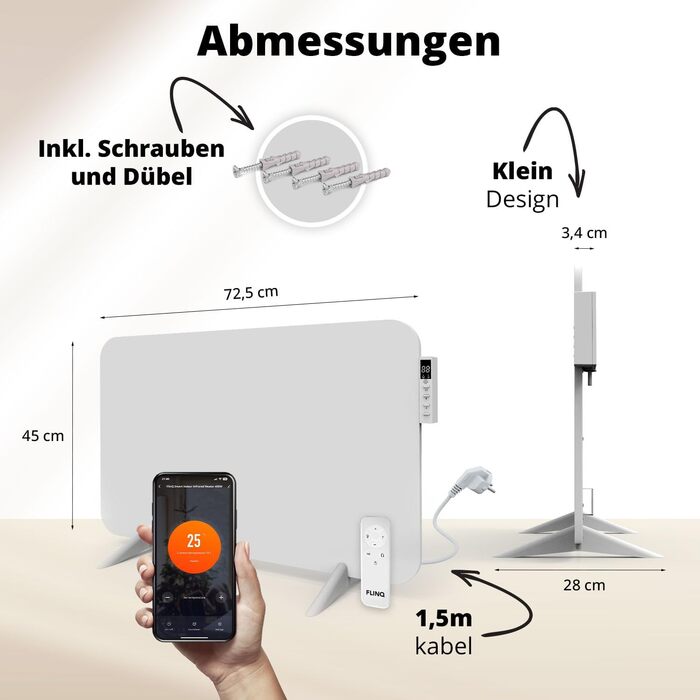 Розумний інфрачервоний обігрівач FlinQ 450 Вт Електричний радіатор Інфрачервоний настінний та окремостоячий пристрій Електричний обігрівач для ванних кімнат З термостатом Біла панель 450 Вт