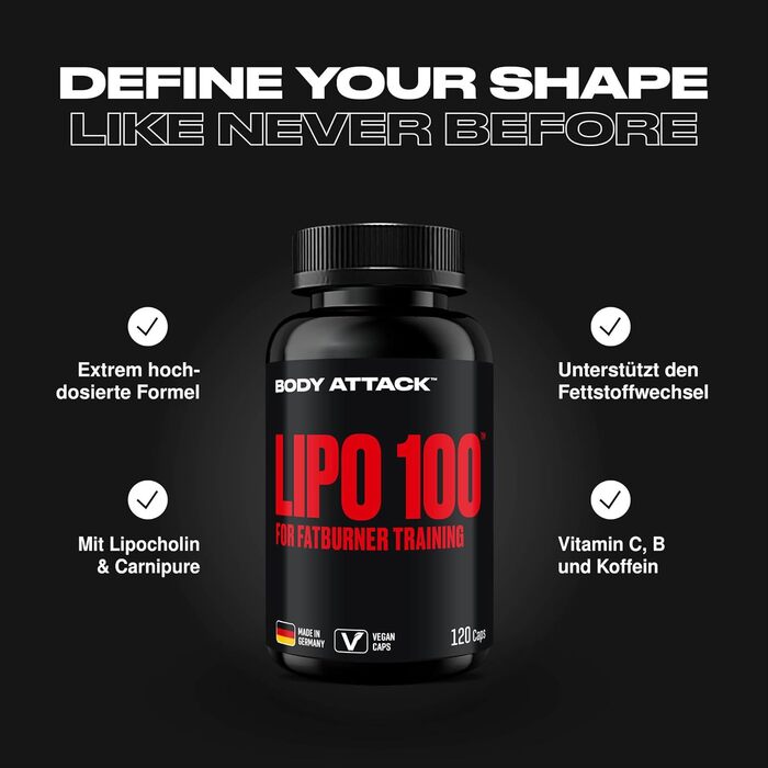 Капсули для спалювання жиру Body Attack LIPO 100 - з ліпохліном, 200 мг кофеїну, екстрактом женьшеню та зеленого чаю - додаткові вітаміни групи В та цинк - для тренувань та дієти - виготовлено в Німеччині 120 капсул (1 упаковка)