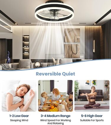 Стельовий вентилятор Nalezuns, світлодіодний стельовий вентилятор з підсвічуванням, 3 колірні температури і 6 швидкостей стельовий