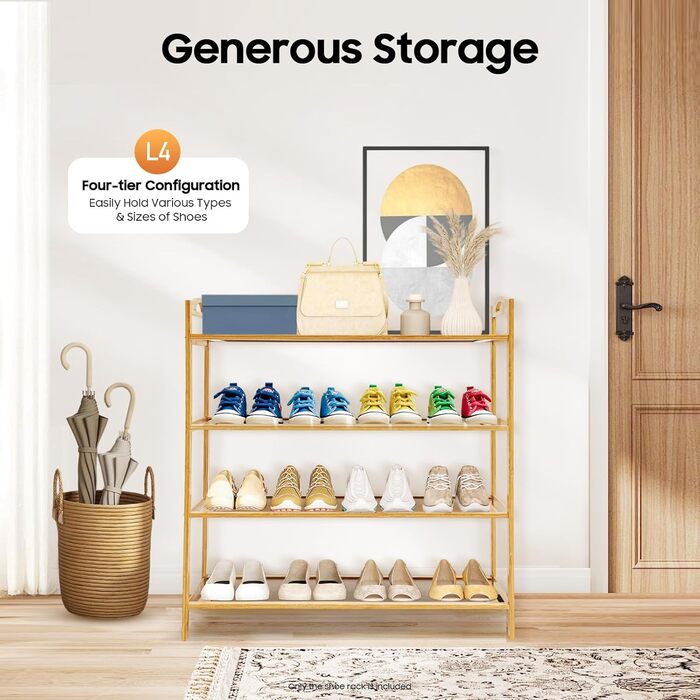 Бамбукова полиця для взуття, 4 яруси, місце для зберігання взуття, взуттєва шафа, окремостояча полиця, полиця для ванної кімнати, кухонна полиця, дерев&39яна полиця з ручкою для кухні, балкону, коридору та офісу, 60x25x67 см