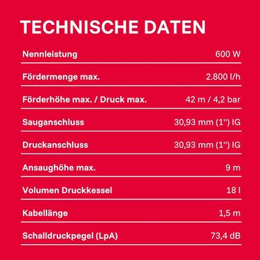 Насосна станція T.I.P. Hauswasserwerk Guss 2800 л/год, продуктивність 42 м, висота напору 600 Вт, 18 л гідроакумулятор. Міцний та тихий насос для поливу та підвищення тиску води, HWW 900/25, 31300
