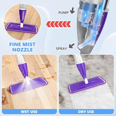 Спрей-швабри для миття підлоги, Papclean Microfibre Floor Mop Flat Mop Wet Dry Mop with 4 Washable Pads 440ml Refillable Bottle fo