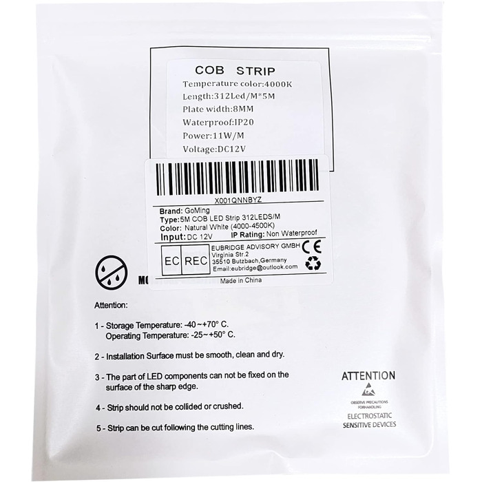 Світлодіодна стрічка GOMING 12 В 5 М COB 3000K Світлодіодна стрічка тепла біла 11 Вт / М 312 світлодіодів / м Світлодіодна стрічка Самоклеюча CRI 93 Висока яскравість Неводонепроникна світлодіодна стрічка IP20 для прикраси внутрішнього будинку (тільки стр