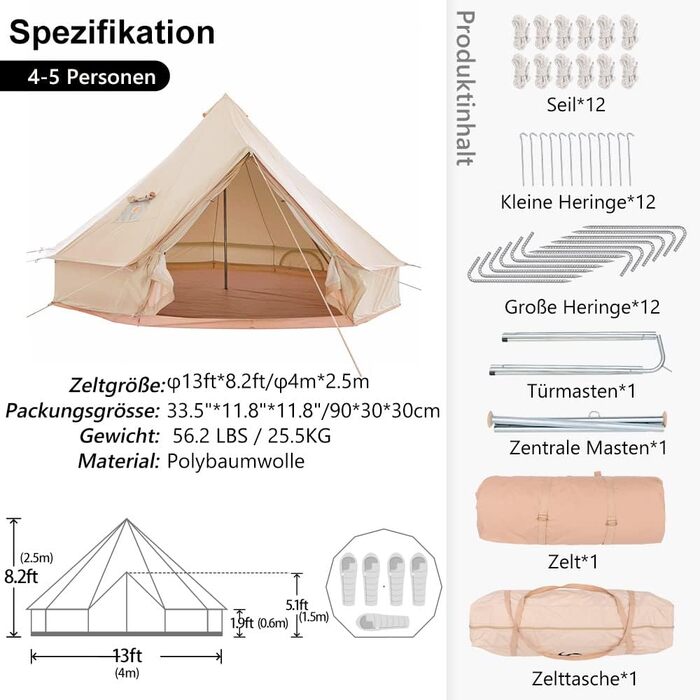 Намет TOMOUNT Bell 3 м 4 м Глемпінговий намет для 3-6 осіб Бавовняний сімейний намет Кемпінговий намет Намет-тіпі Пірамідальний намет для груп, сімей, кемпінгу на свіжому повітрі, вечірок 4 м