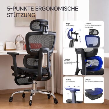 Ергономічне офісне крісло з підставкою для ніг та подушкою для шиї, 5-позиційне регулювання висоти спинки, 2D-підтримка попереку, 3D-підлокітники/підголівник, функція нахилу 145, сітчасте сидіння, гумові колеса, чорний колір.