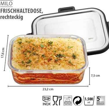 Контейнер для зберігання продуктів GEFU MILO - Розумний ланчбокс із моніторингом свіжості та споживання через додаток, Скло із силіконовою пломбою та застібкою Click, Контейнер для продуктів, Контейнер Tupperware, 1500 мл, Прямокутний, Чорний/Срібний