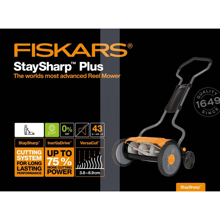 Циліндрична газонокосарка Fiskars, газонокосарка з безконтактною системою різання, ширина зрізу 43 см, StaySharp Plus, чорна/помаранчева/срібляста, 1015649 Одинарна