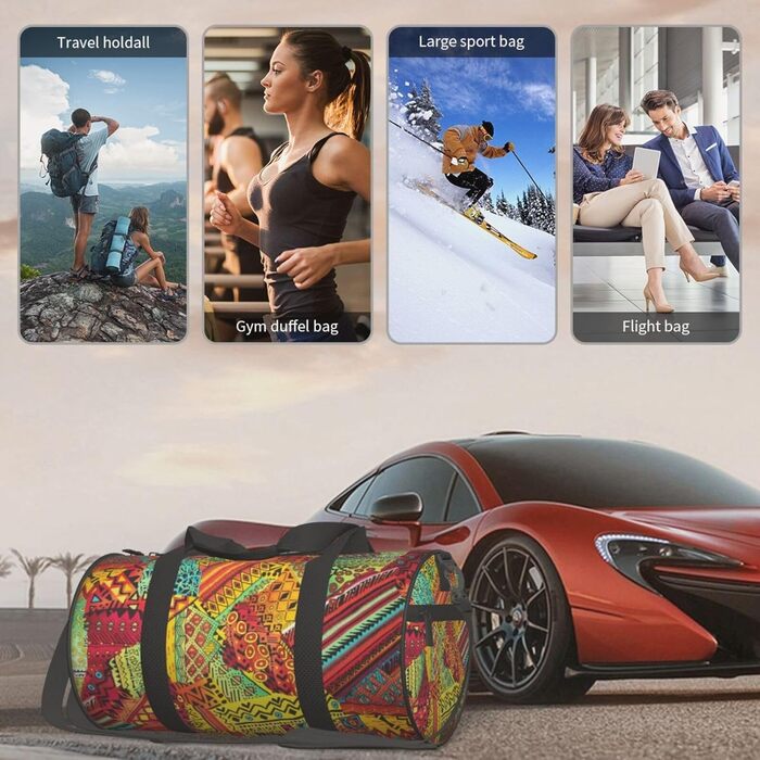 Спортивна сумка, дорожня сумка, з африканським текстилем, візерунок печворк, сумка для подорожей на вихідні, чорна, універсальний розмір, сумка для подорожей