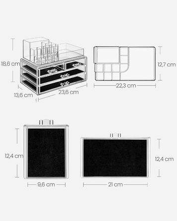 Органайзер для макіяжу SONGMICS, косметичний органайзер з 4 шухлядами та 11 відділеннями різних розмірів, нековзні вставки, для макіяжу та ювелірних виробів, прозорий JKA001TP
