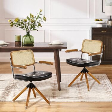 Письмове крісло Zouron з ротанга, чорне - обертове крісло в стилі середини століття без коліщаток, м&39яке офісне крісло зі штучної шкіри з дерев&39яними ніжками, акцентне крісло для домашнього офісу, вітальні, спальні, , чорного кольору