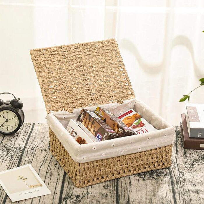 Набір із 3 кошиків для зберігання з кришками плетені кошики з паперової мотузки, 3 розміри, з підкладкою, кошики в стилі бохо для ванної кімнати, іграшок, вітальні та спальні.