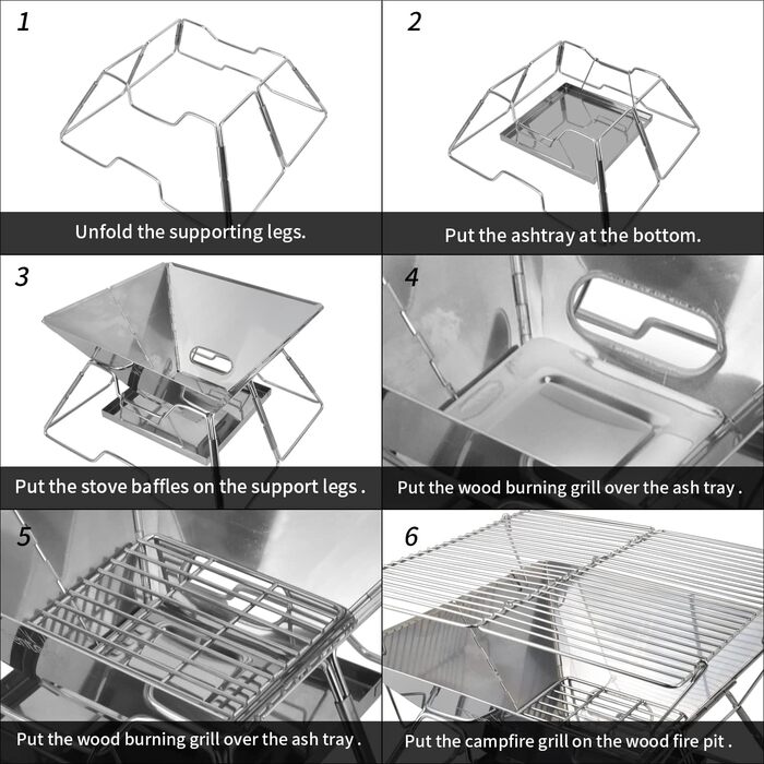 Портативний гриль на деревному вугіллі Tentock, гриль для пікніка, кемпінговий складаний гриль, нержавіюча сталь, відкритий плоский гриль для барбекю, вітрозахисний кемпінговий гриль з сумкою для перенесення для саду, походів, пікніка, риболовлі, срібляст