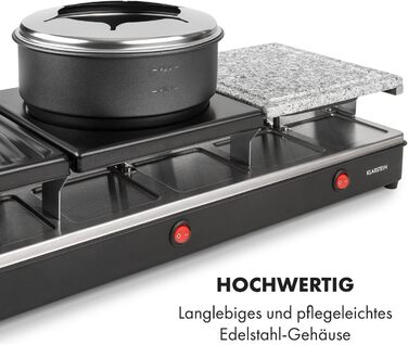 Гриль і фондю для раклету 3-в-1, 1650 Вт металевий/натуральний камінь/млинець, 3 окремі нагрівальні елементи з нержавіючої сталі, до 12 осіб, антипригарне покриття, чорний