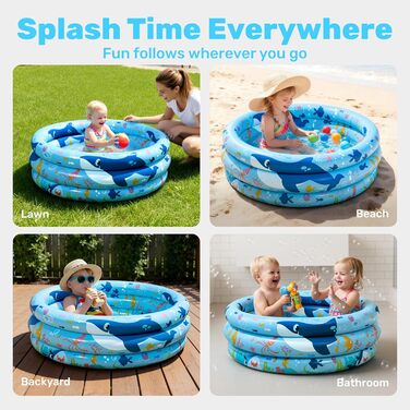 Надувний басейн SLOOSH 86 x 25 см, Дитячий басейн, 3 кільця, Надувна ванна, Надувний дитячий басейн, Басейн (Синій)