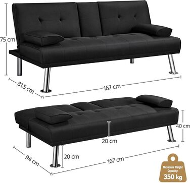 Розкладний диван-ліжко Yaheetech, диван з функцією сну, диван-ліжко з великою спальною зоною 167 см Д 94 см Ш для вітальні/спальні/домашнього кінотеатру/гостьової кімнати, чорний