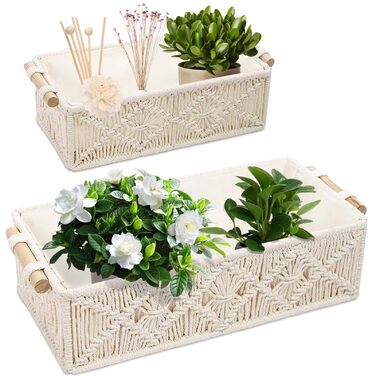 Набір із 2 плетених кошиків для зберігання макраме, декоративні коробки, бохо-декор, ручна робота з макраме з бавовняної мотузки з ручками для декору, подарунковий кошик, кошик для хліба, кошик для зберігання закусок (білий)