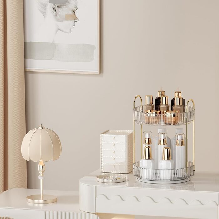 Органайзер для макіяжу, обертовий на 360 косметичний органайзер великої місткості, багатофункціональний косметичний органайзер для комода, туалетного столика, спальні, ванної кімнати, 2 шари, прозорий
